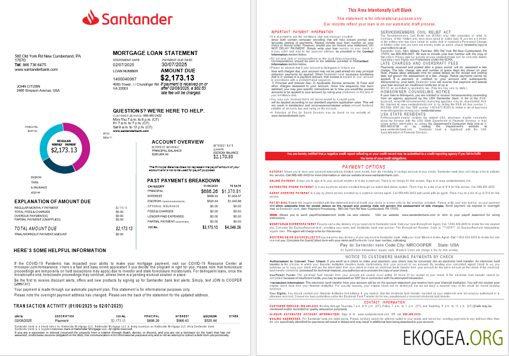 États , Unis, Santander, Banque, hypothèque, prêt, relevé, en formats Word et PDF (2)